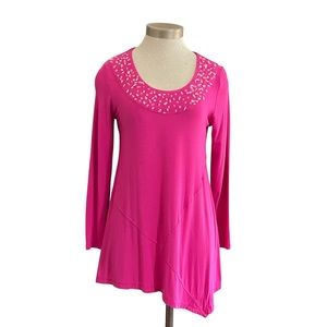 Soft Surroundings Size S PINK Tunic Style Top Beaded Neck Asymmetrical Hem